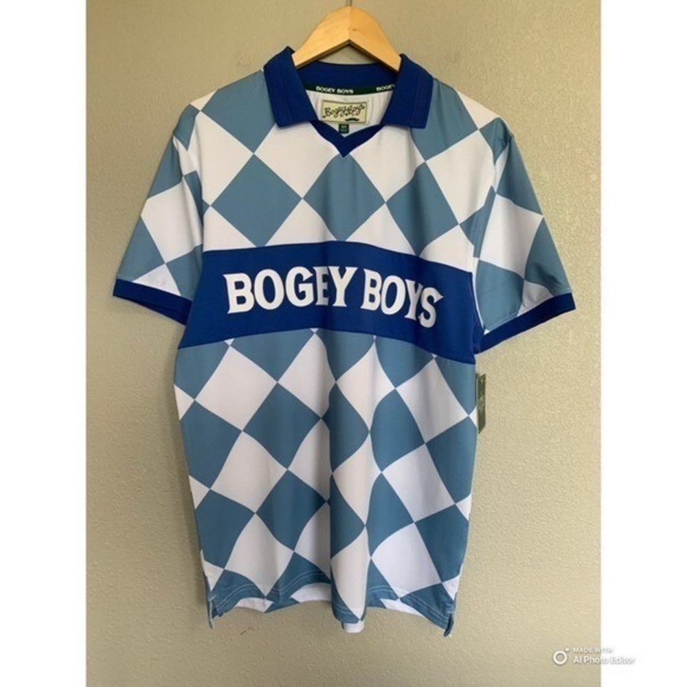 Bogey Boys Golf Polo Size Medium Short Sleeve Blue Athletic Checkered Argyle NWT